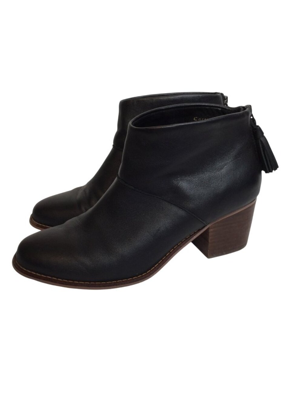 Toms Black Leather Heeled Ankle Boots Tassel Zipper Size 8.5 Booties Western